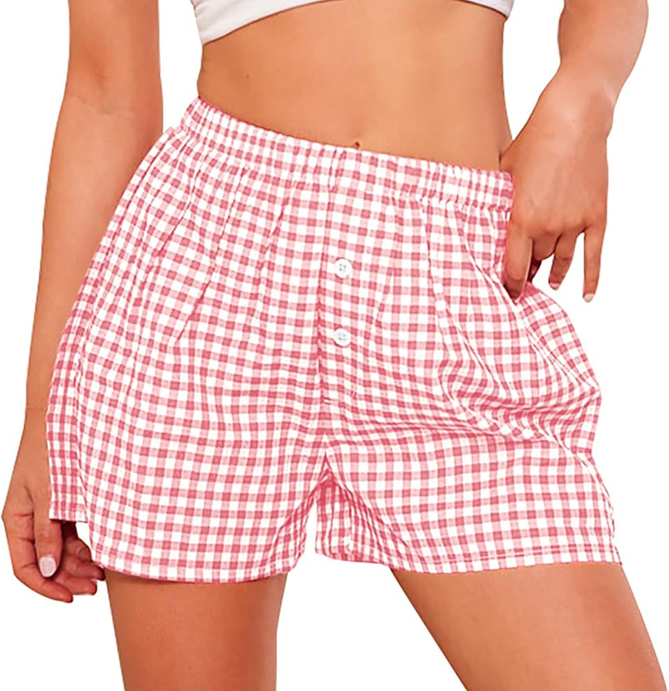 PRETTYGARDEN Womens Shorts Boxers 2025 Summer Gingham Pajama Lounge Sleep Y2K Plaid Pj Shorts Bea... | Amazon (US)
