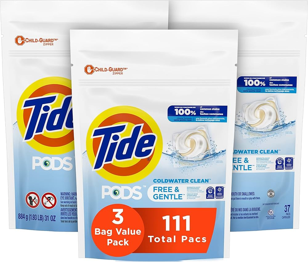 Tide PODS Free & Gentle, Laundry Detergent Liquid Soap Pods, Unscented, 3 Bag Value Pack, 111 Cou... | Amazon (CA)