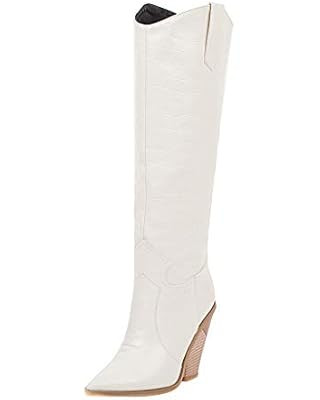 Women's Chunky High Heel Knee High Boots Western Leather Cowgirl Combat Booties Pull On Work Shoe... | Amazon (US)