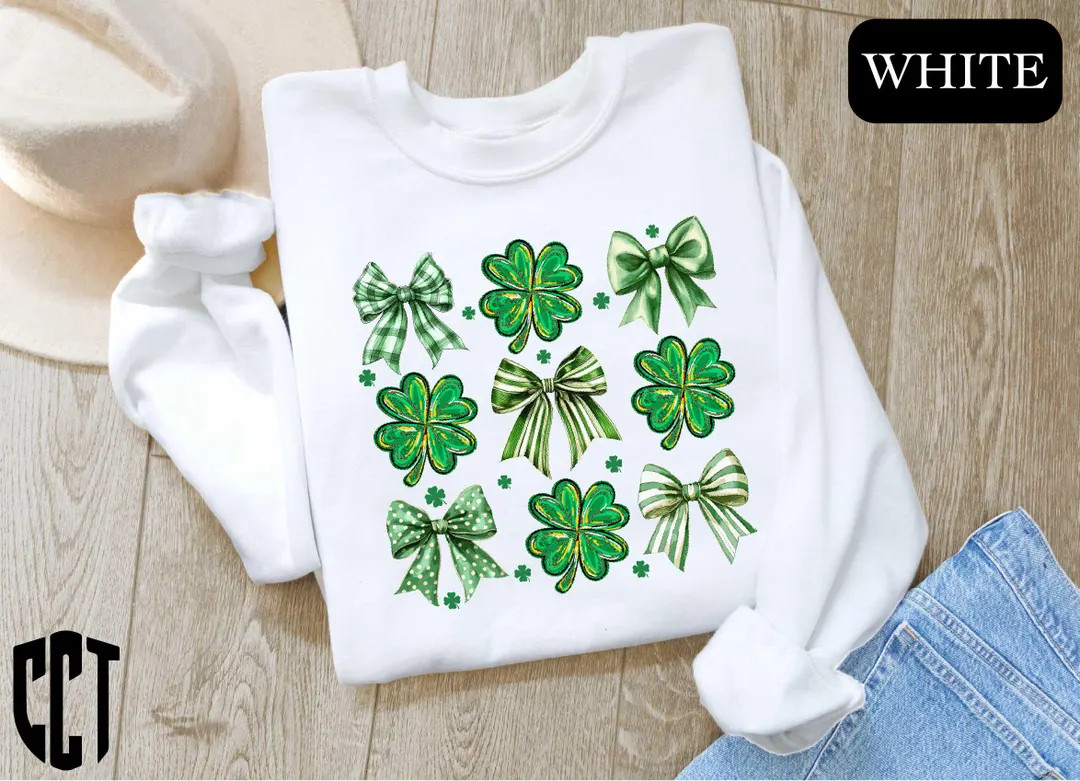 St Patrick's Day Coquette Bow Sweatshirt,Shamrock Hoodie,Lucky Shamrock Shirt,St Patty's Gift,Iri... | Etsy (US)