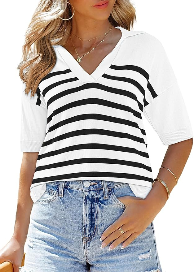 Dokotoo Women's Summer Tops Dressy Striped Blouses Lapel V Neck Half Sleeve Casual Shirts | Amazon (US)