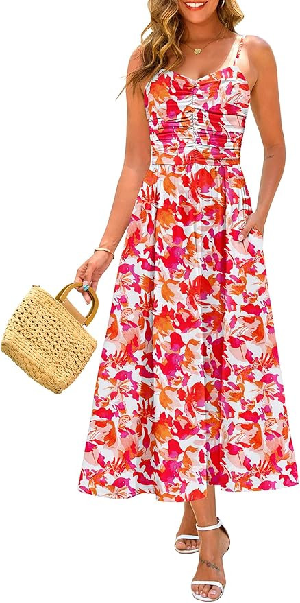 Annebouti Women 2026 Summer Spring Ruched Maxi Dress Adjustable Spaghetti Strap Floral Beach Long... | Amazon (US)