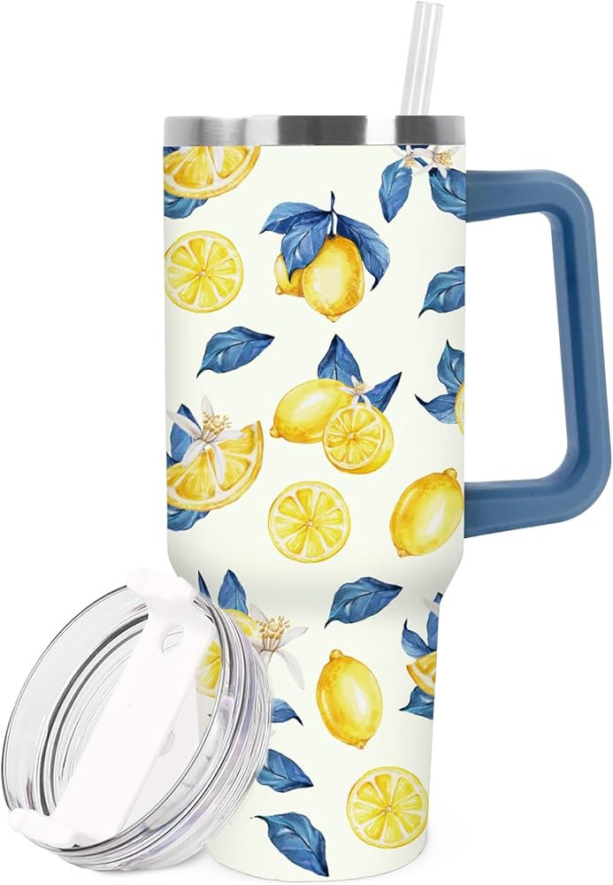 Lemon Tumbler with Handle 40oz Blue Chinoiserie Yellow Lemon Tumbler with Lid Straw Summer Stainl... | Amazon (US)
