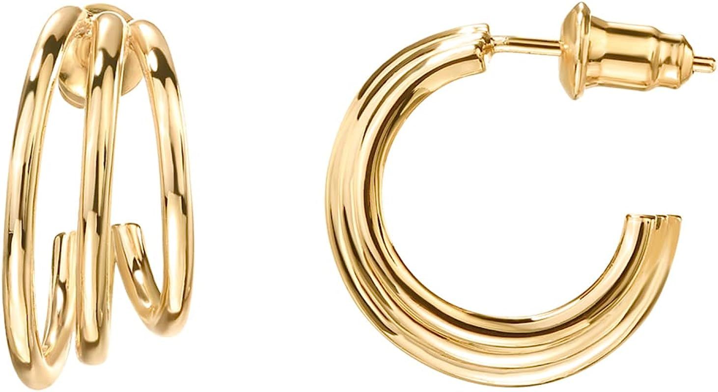 PAVOI 14K Gold Plated Sterling Silver Post Split Huggie Earrings | Rose/White/Yellow Gold Earrings f | Amazon (US)