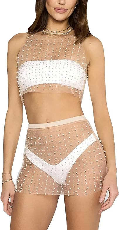 Women's Tank Top Mini Skirt Set 2 Piece Swimsuit Pearl Rhinestone Bikini Cover Up Sheer Beach Swi... | Amazon (US)