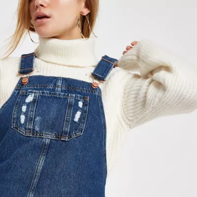 Blue frayed hem denim overall dress | River Island (UK & IE)