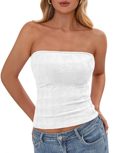 BTFBM Tube Tops for Women Spring Summer 2026 Backless Fitted Floral Embroidery Going Out Bandeau Top Beach Vacation(White, XX-Large) | Amazon (US)
