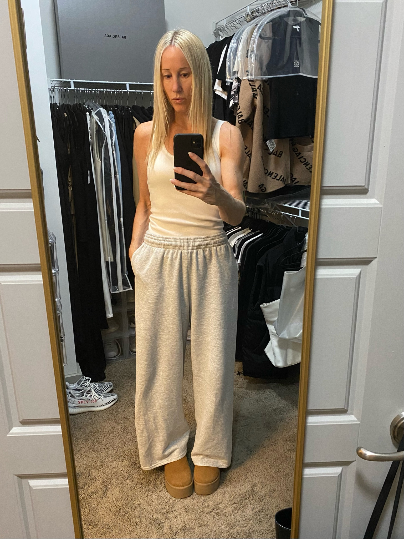 Fall outfit. Wide leg sweatpants with Ugg platform boots. Wearing size small in sweatpants. 

#LTKFindsUnder50 #LTKStyleTip #LTKSeasonal