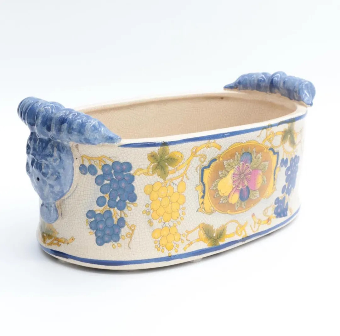 Vintage Grape Motif Ceramic Cachepot Planter With Blue Handles - Etsy | Etsy (US)