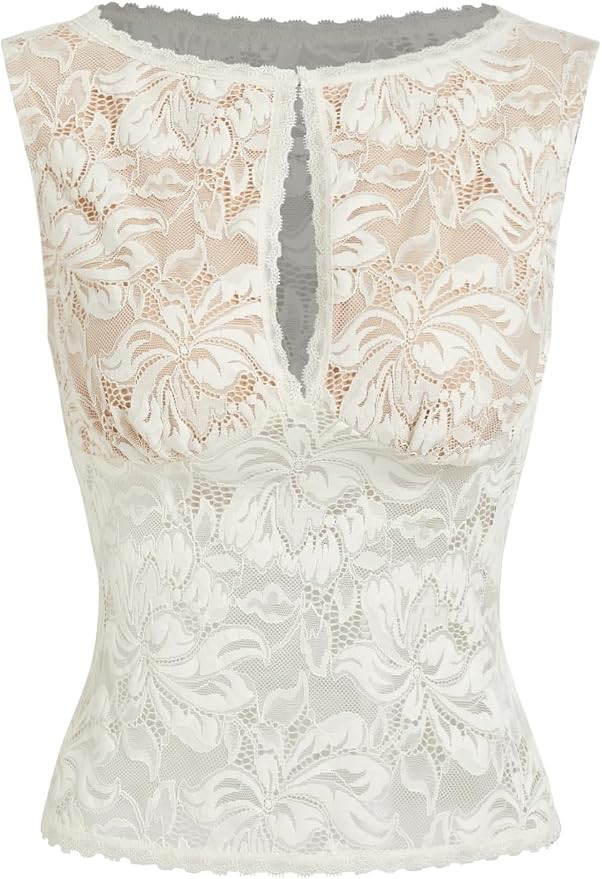 CIDER Womens Sheer Lace Boat Neck Sleeveless Top | Floral Texture Keyhole Detail Slim Silhouette ... | Amazon (US)