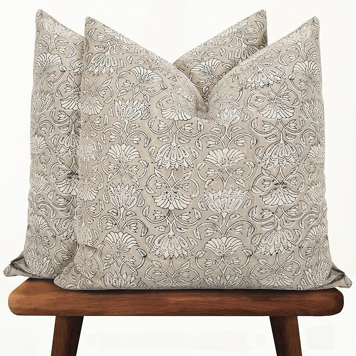 Hand-Block Printed, Artisan-Made Neutral Accent Throw Pillow Covers- 100% Cotton Cushion for Sofa... | Amazon (US)