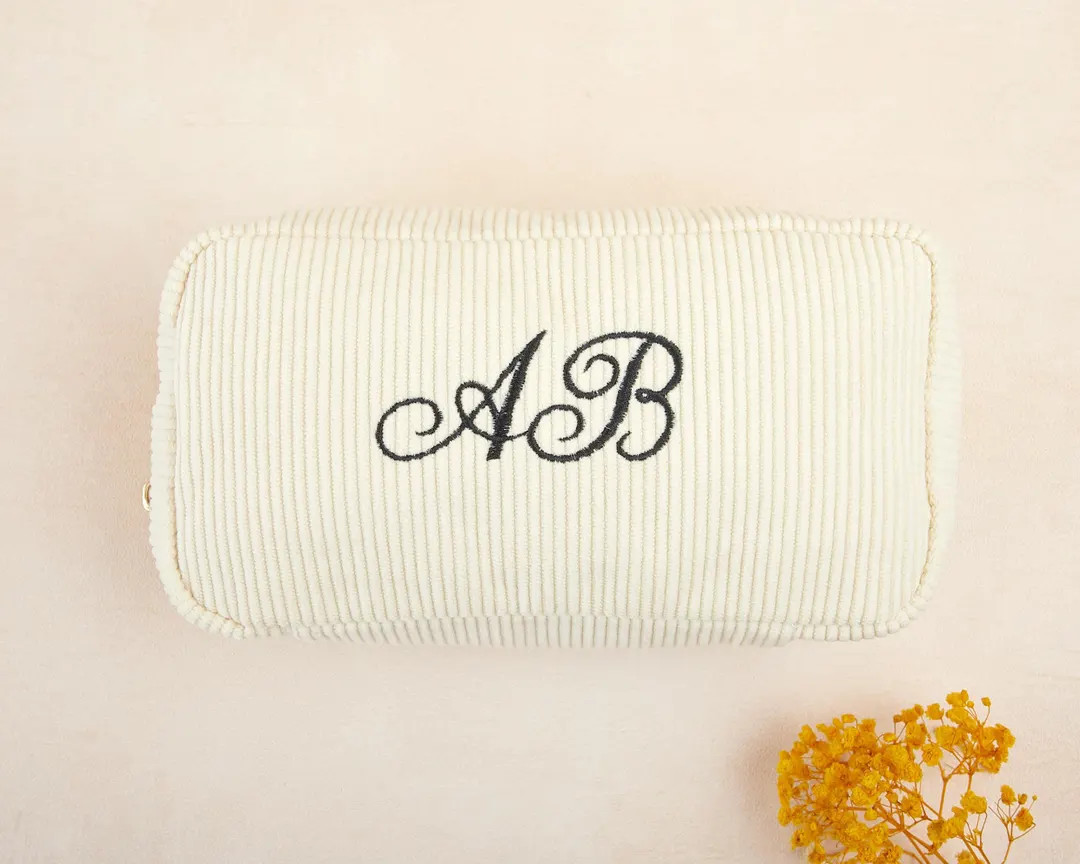 Monogramed Makeup Bag, Personalized Toiletry Pouch, Embroidered Cosmetic Case, Bridal Shower Gift... | Etsy (US)