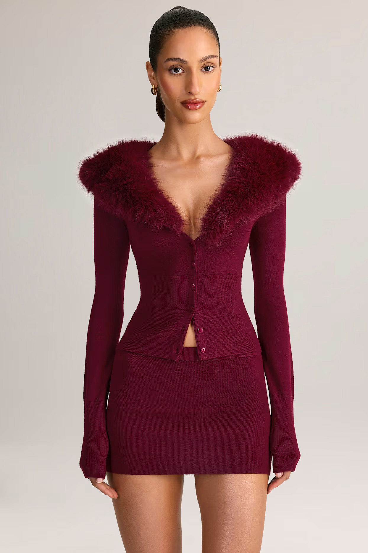 Knit Faux Fur-Trim Cardigan in Wine | Oh Polly