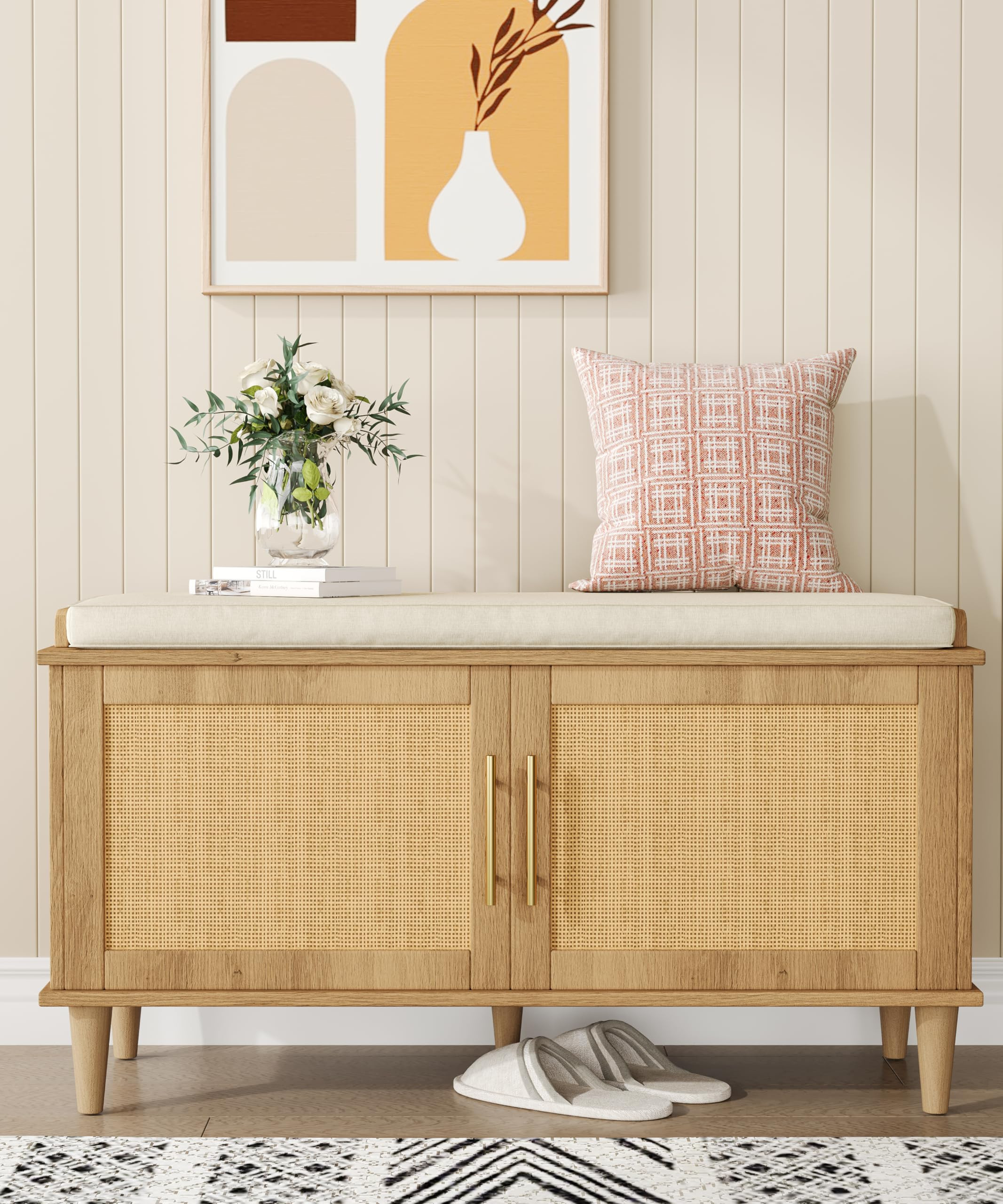 Natural Rattan Shoe Storage Bench with Cushion, Entryway Shoe Cabinet Bench with 2 Doors, 15"D x ... | Amazon (US)
