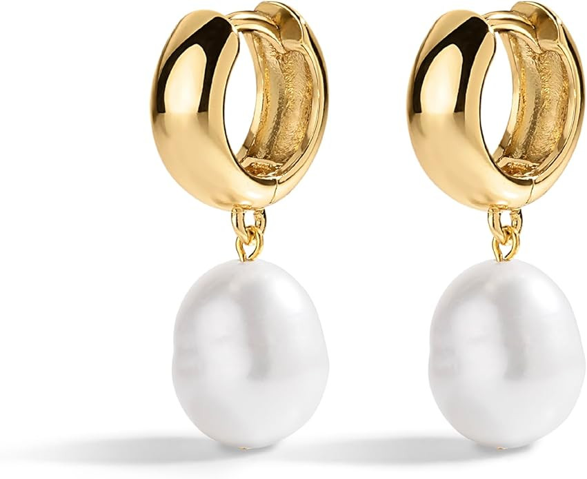 Electric Picks San Tropez Huggie Hoop Earrings - 14kt Gold Plated Pearl Earrings, Lightweight Ear... | Amazon (US)