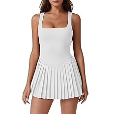 QINSEN Womens Square Neck Tennis Dress Pleated Sleeveless Built in Shorts Golf Athletic Dress wit... | Amazon (US)