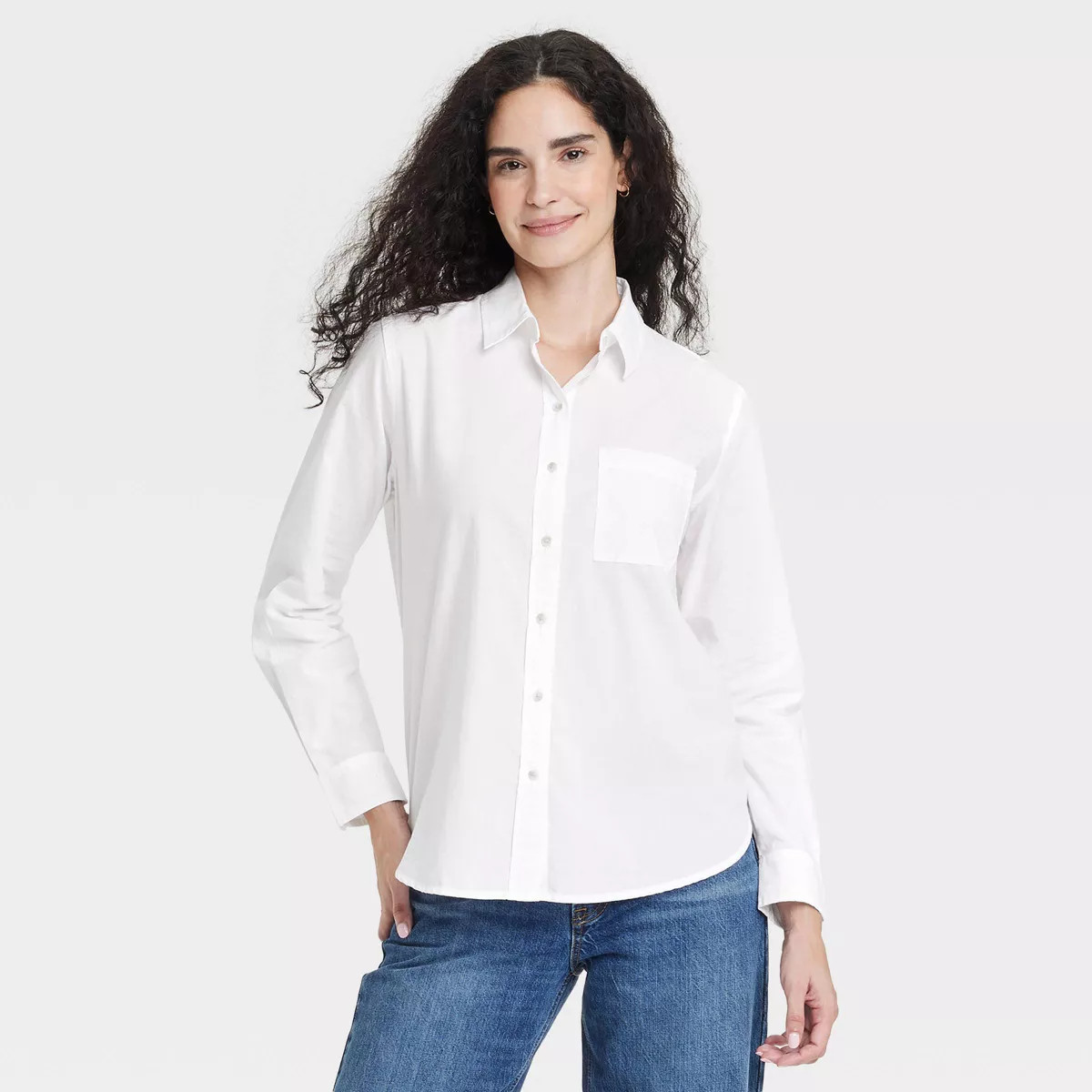 Women's Long Sleeve Collared Button-Down Shirt - Universal Thread™ White M: Relaxed Fit, Front ... | Target