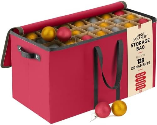 Large 128 Christmas Ornament Storage Box, Adjustable Compartment Dividers, Dual Zipper, Stackable... | Amazon (US)