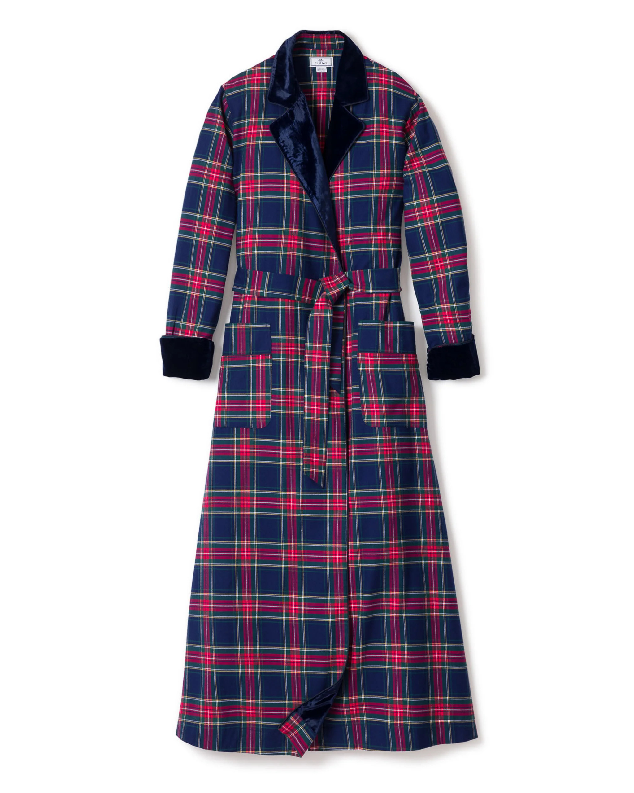 Women's Long Robe with Velvet Trim in Windsor Tartan | Petite Plume