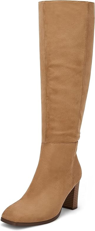 Coutgo Womens Knee High Boots Chunky Block Heels Square Toe Side Zipper Faux Suede Fall Winter Comfo | Amazon (US)