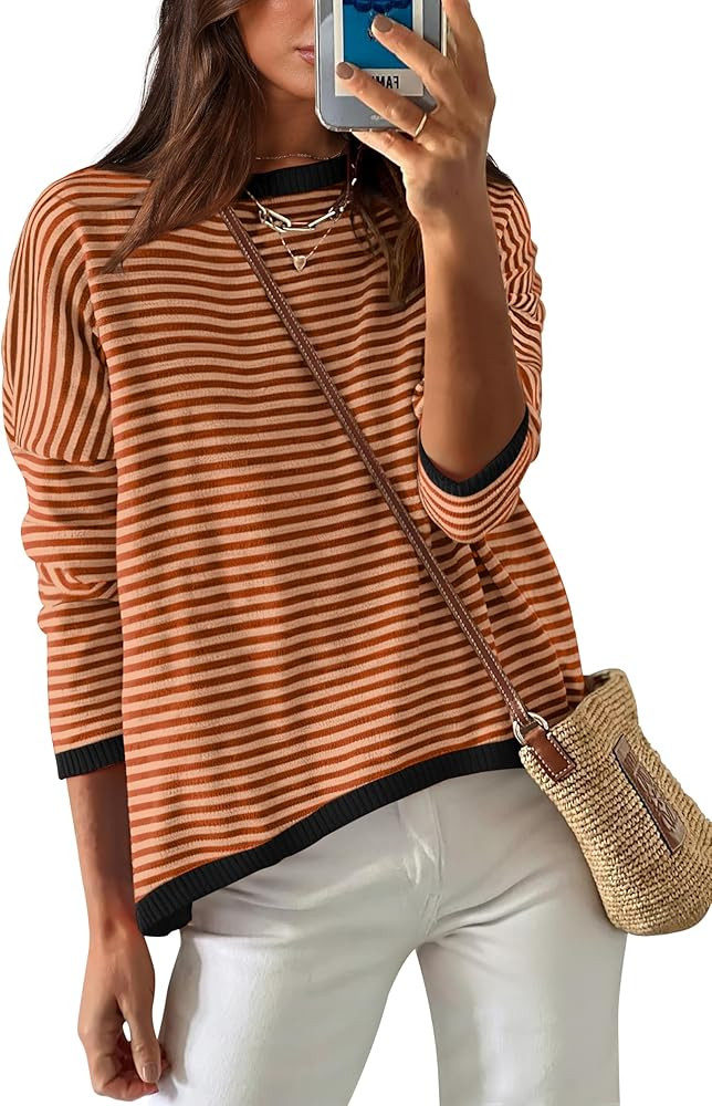 WIHOLL Womens Sweaters Dressy Casual Long Sleeve Tops Round Neck Striped Fashion | Amazon (US)
