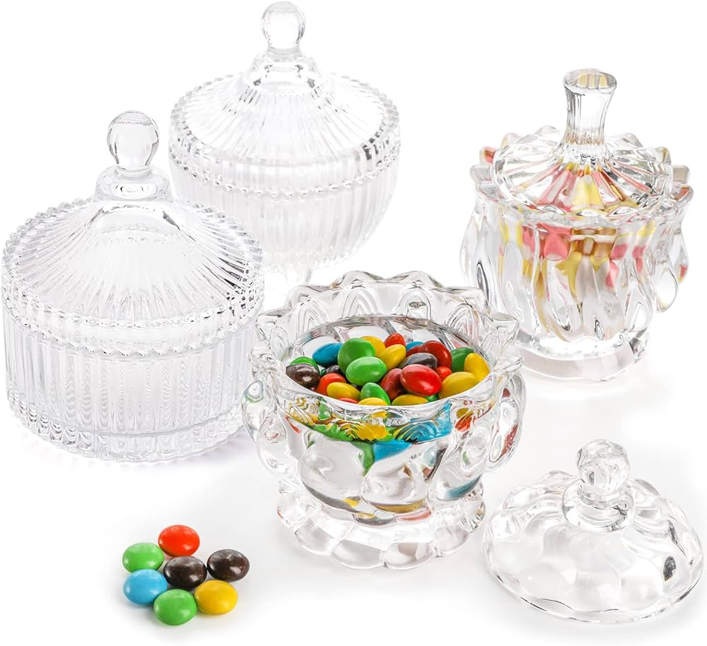 YOUEON Set of 4 Glass Candy Dish with Lid, Crystal Candy Jar, Decorative Candy Bowl, Cookie Jar, ... | Amazon (US)