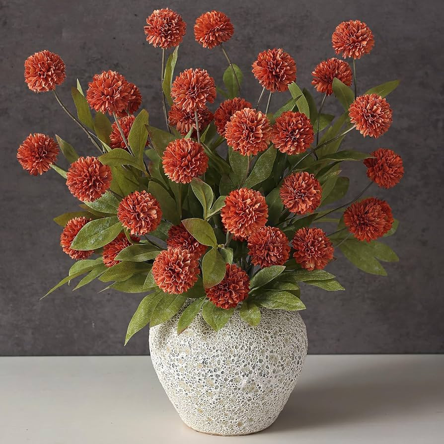 12 Pcs 27"Artificial Fall Pompon Mum Flower Stems for Vase (Orange) | Amazon (US)
