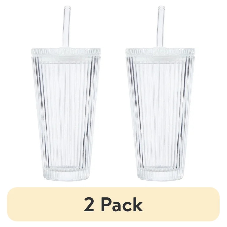 (2 pack) Better Homes & Gardens Glass 21oz Tumbler Ribbed with Glass Lid and Straw | Walmart (US)