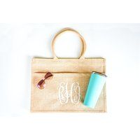Monogram Burlap Jute Pocket Tote - Natural | Personalized Beach Pool Bridesmaid Gift For Her | Etsy (US)