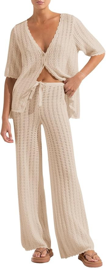 Imily Bela Women's Summer 2 Piece Swimsuit Cover up Crochet Knit Cardigan Tops Long Pants Set Bat... | Amazon (US)