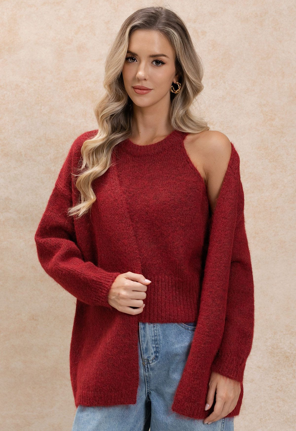 Fuzzy Halter Knit Top and Open Front Cardigan Set in Red | Chicwish