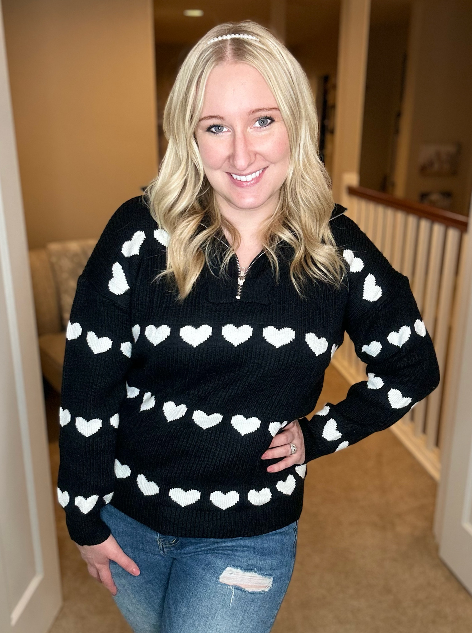 Valentine's Day outfit option! It's still SO cold here in February so a sweater is perfect for Valentine's Day! I love the quality of this one and ALL of the colors are cute! I also found these perfect pearl headbands that don't hurt your head and are under $6!!

#LTKstyletip #LTKfindsunder50 #LTKSeasonal