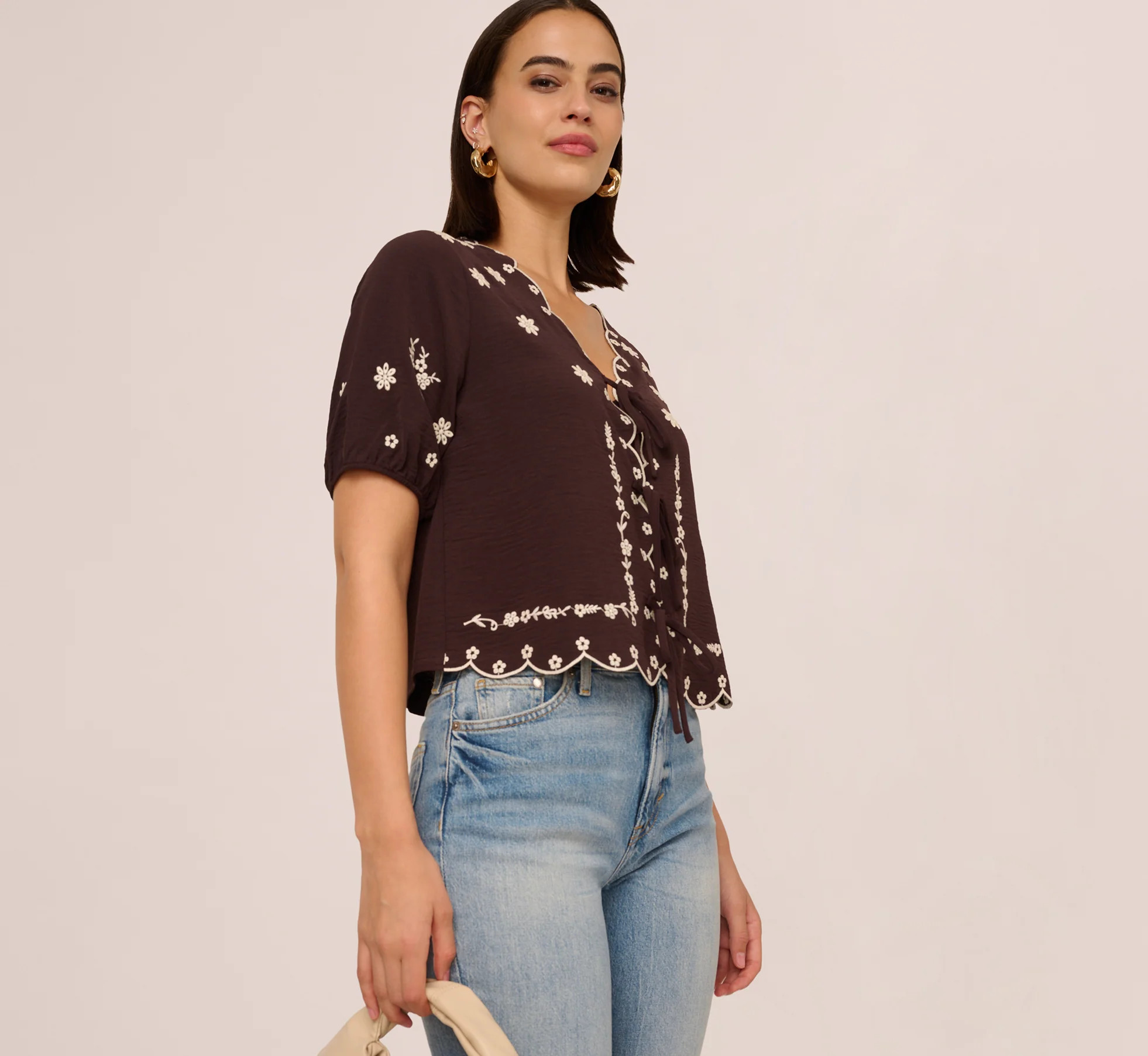 Puff Sleeve Embroidered Tie Front Top In Chocolate Ecru | Adrianna Papell