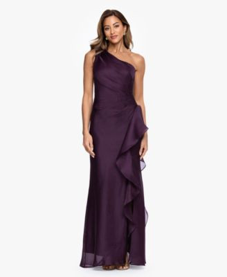 Xscape Women's One-Shoulder Ruffle Detail Ball Gown - Plum | Macy's