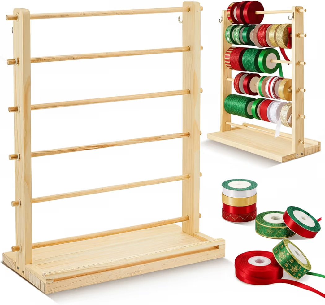 Menkxi 6 Tier Wooden Ribbon Organizer Christmas Ribbon Holder Rack Thread Washi Tape Spool Holder... | Amazon (US)