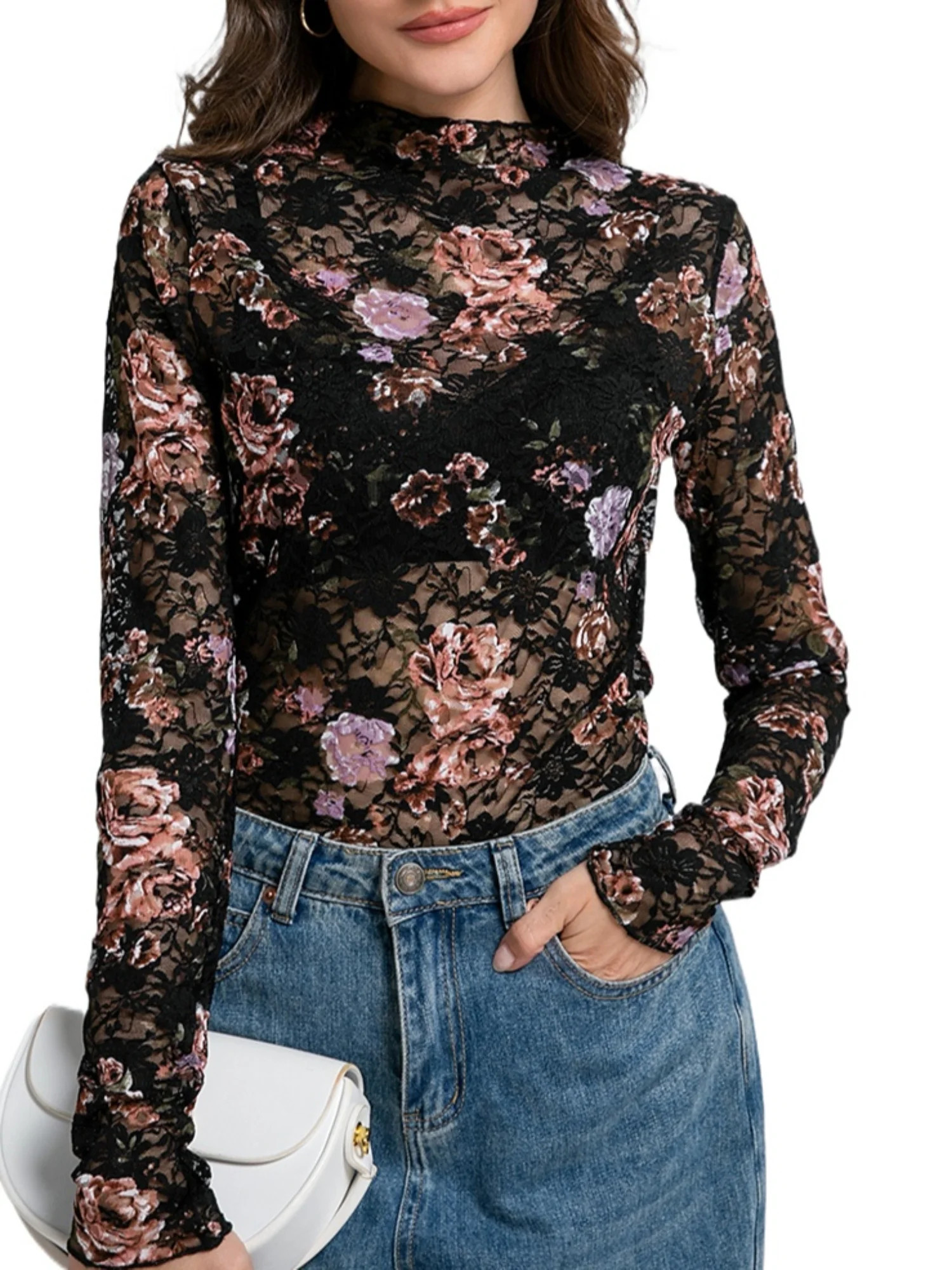 MINTREUS Lace Top with Long Sleeves Stand Collar Embroidered Floral Design Ideal for Parties and ... | Walmart (US)