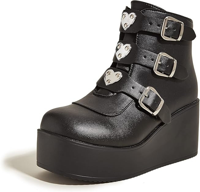 LUCKY STEP Women Platform Chunky Ankle Boots - Round Toe Zipper Wedges High Heels Rave Buckle Thi... | Amazon (US)