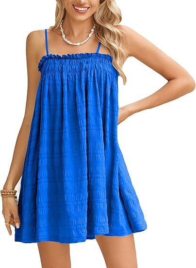 MakeMeChic Women's Casual Sleeveless Summer Cami Dress Ruffle Swing Shirred Mini Short Dress | Amazon (US)