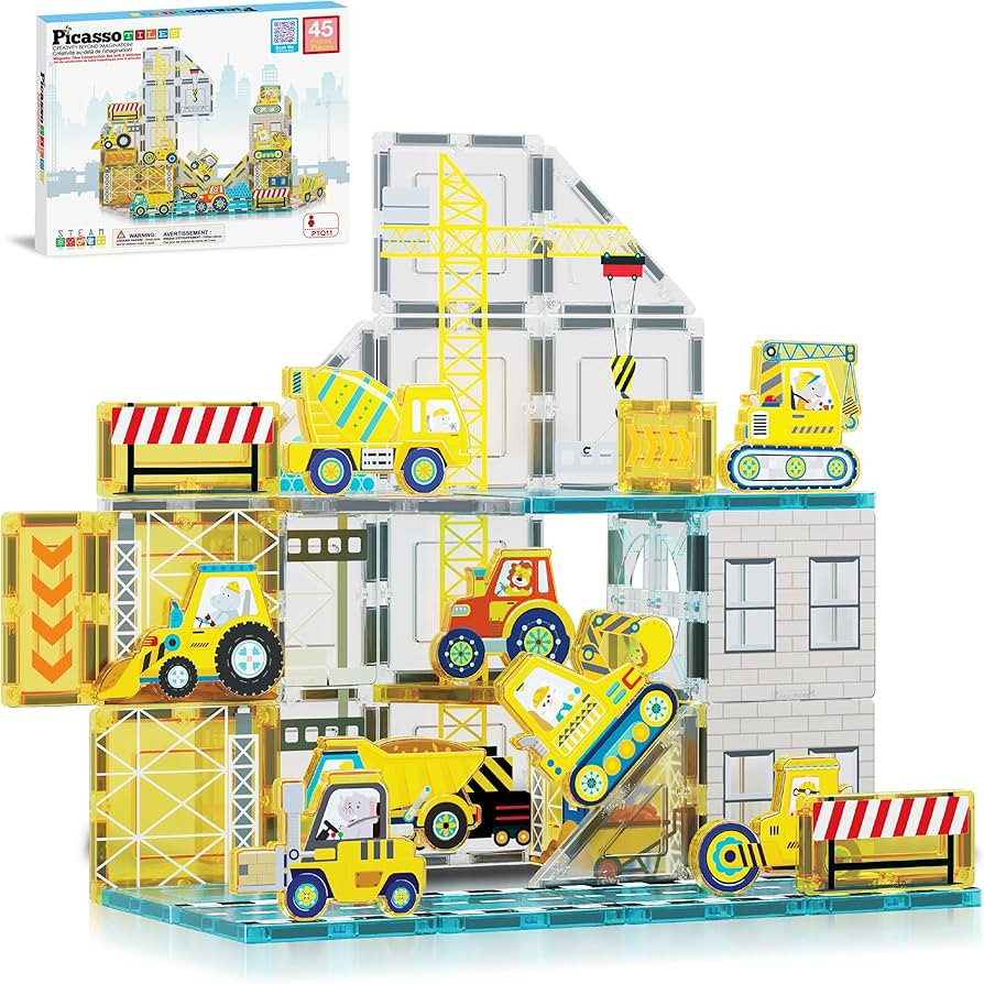 PicassoTiles Magnet Tiles Magnetic Building Blocks with 8 Construction Vehicles Crank Truck Excav... | Amazon (US)