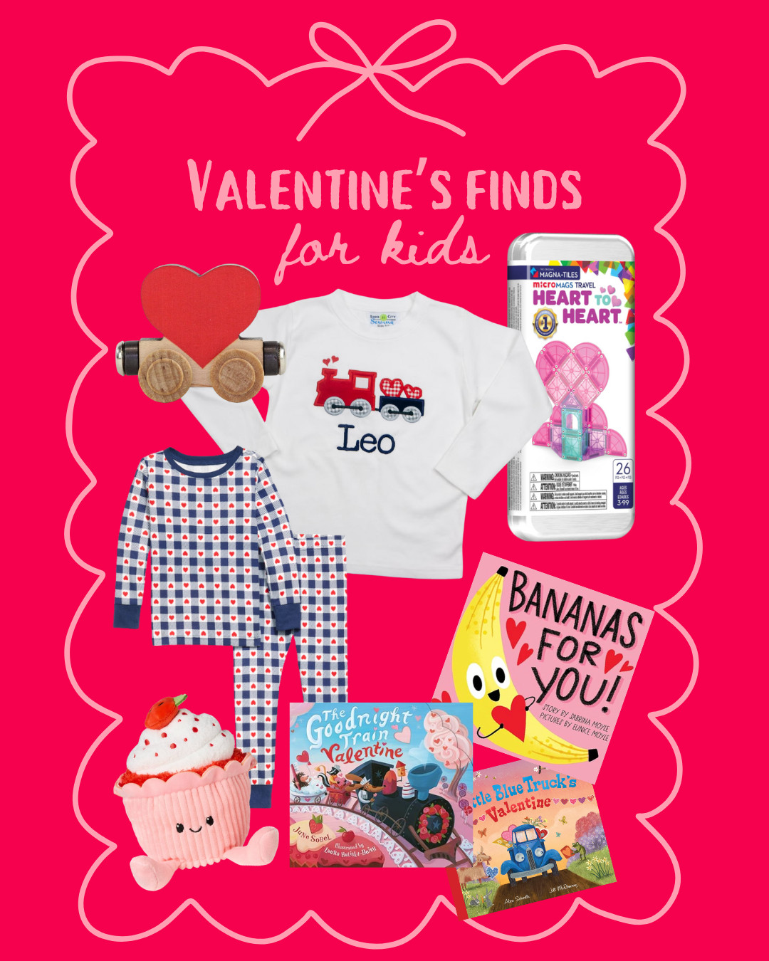 These Valentine's finds for kids are the perfect way to celebrate love month! These items are somewhat geared towards toddler and preschool aged boys, but are ultimately great for all young kids. 

- Heart train: this is the perfect Valentine addition to a train set for a train-loving boy or girl! 
- Custom monogrammed shirt: This shirt is precious! I got one for of my boys for this Valentine's day.
- Heart magnatiles: We got the winter version of these for Christmas and they are such a perfect restaurant toy! I love that they come in a metal box to help keep them contained.
- Heart gingham pajamas: These are just adorable! Cozy, cute and affordable pajamas that kids love!
- Valentine's books: because there is no such thing as too many books! THese are great for little kids.
- Jellycat look without the Jellycat price! This adorable stuffed animal is from Target and while sold out at my local store, still says it is available for shipping at the time of posting.

 

 #LTKmomlife #LTKSeasonal #LTKKids