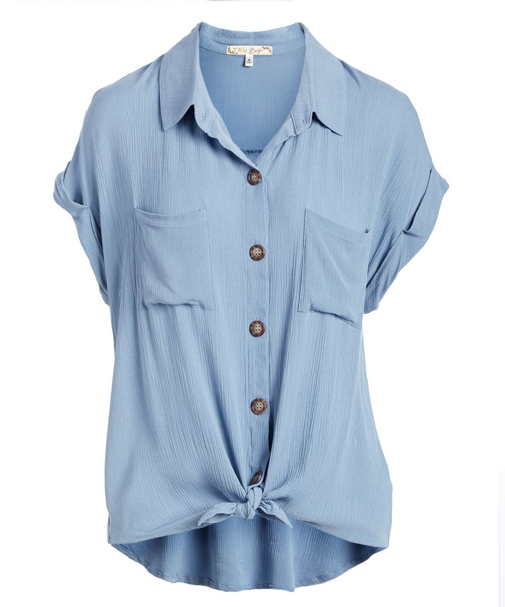 Tru Self Women's Blouses Faded - Faded Denim Blue Short-Sleeve Tie-Waist Top - Women | Zulily