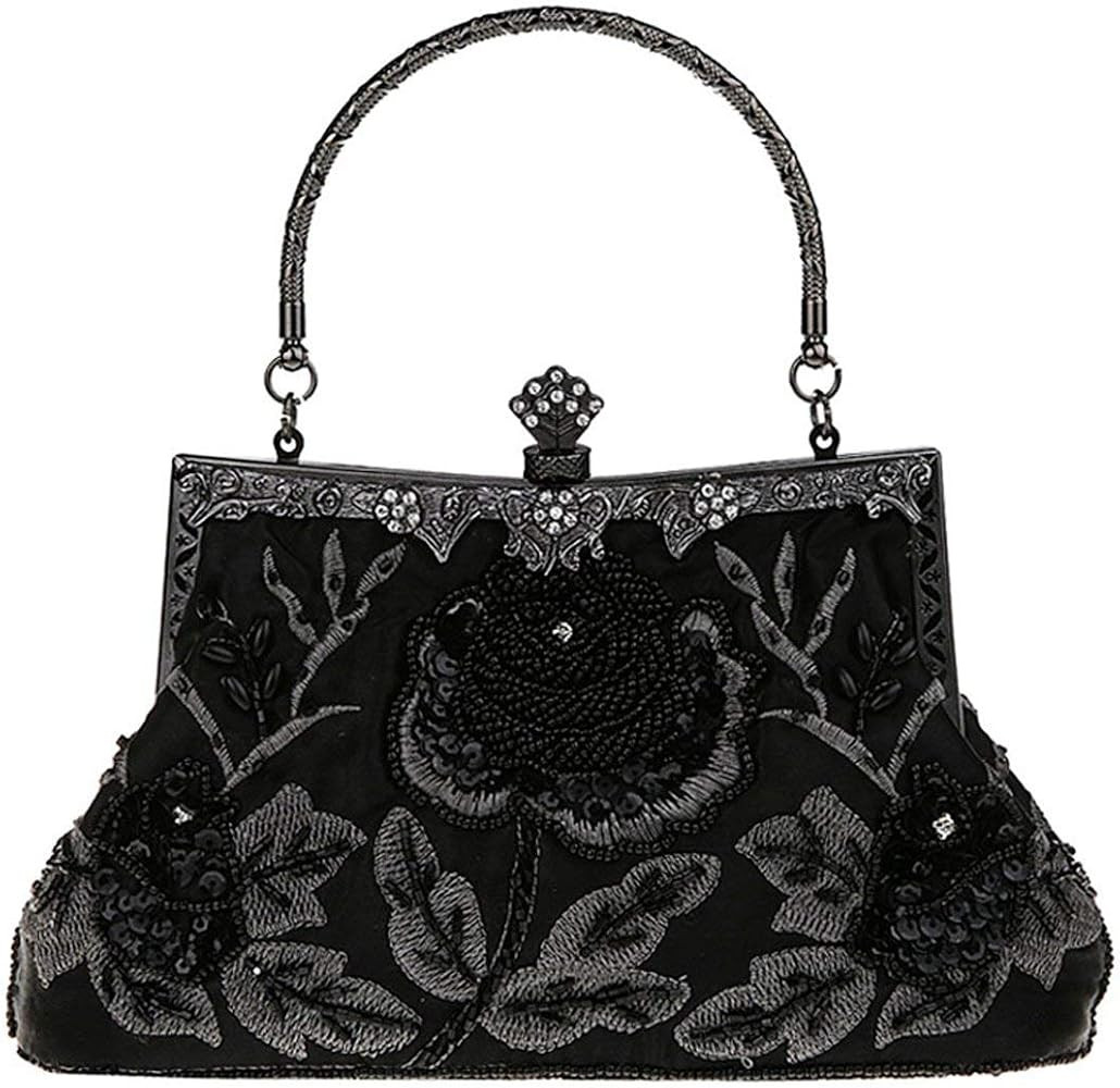 Women's Handbag Vintage Rose Embroidered Beaded Sequin Evening Bag Wedding Party Clutch Purse | Amazon (US)