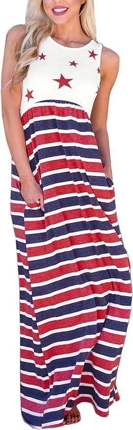 For G and PL Women's 4th of July American Flag Sleeveless Tank Maxi Dress with Pockets | Amazon (US)