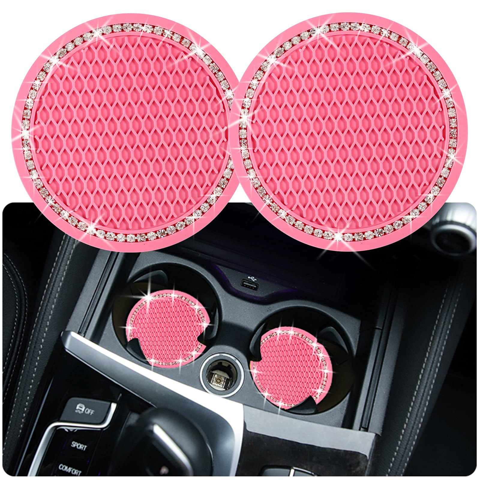 2PCS Bling Car Cup Coaster, 2.75 Inch Auto Car Cup Holder Insert Coasters Silicone Anti-Slip Crys... | Amazon (US)