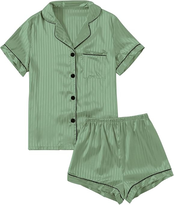 LYANER Women's Striped Silky Satin Pajamas Short Sleeve Top with Shorts Sleepwear PJ Set | Amazon (US)