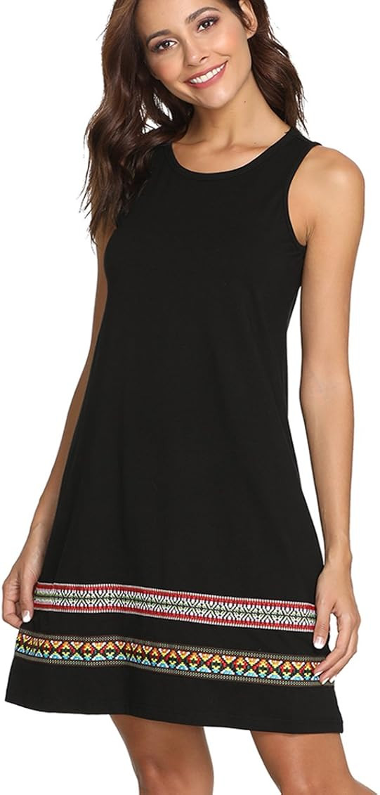 Romwe Women's Summer Boho Sleeveless Embroidered Hem Loose Casual Tank Dress | Amazon (US)