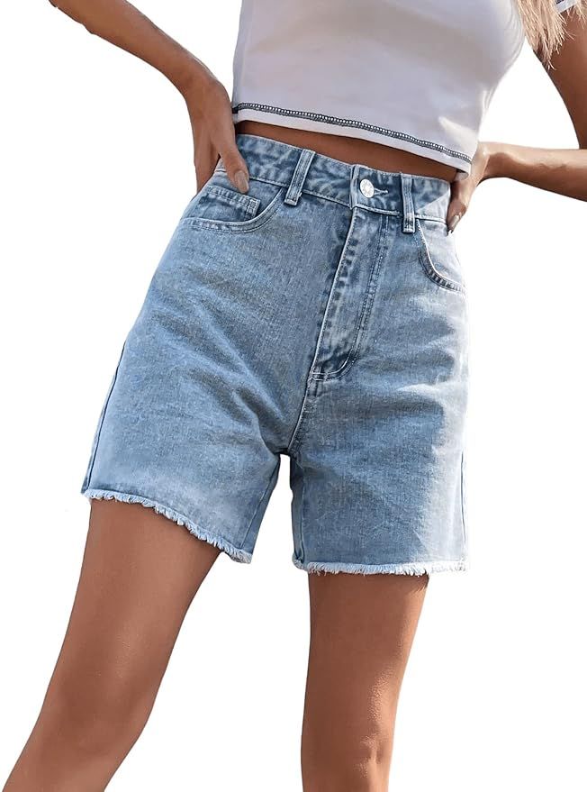 SweatyRocks Women's High Waist Denim Shorts Straight Leg Raw Hem Jean Shorts Summer Hot Pants wit... | Amazon (US)