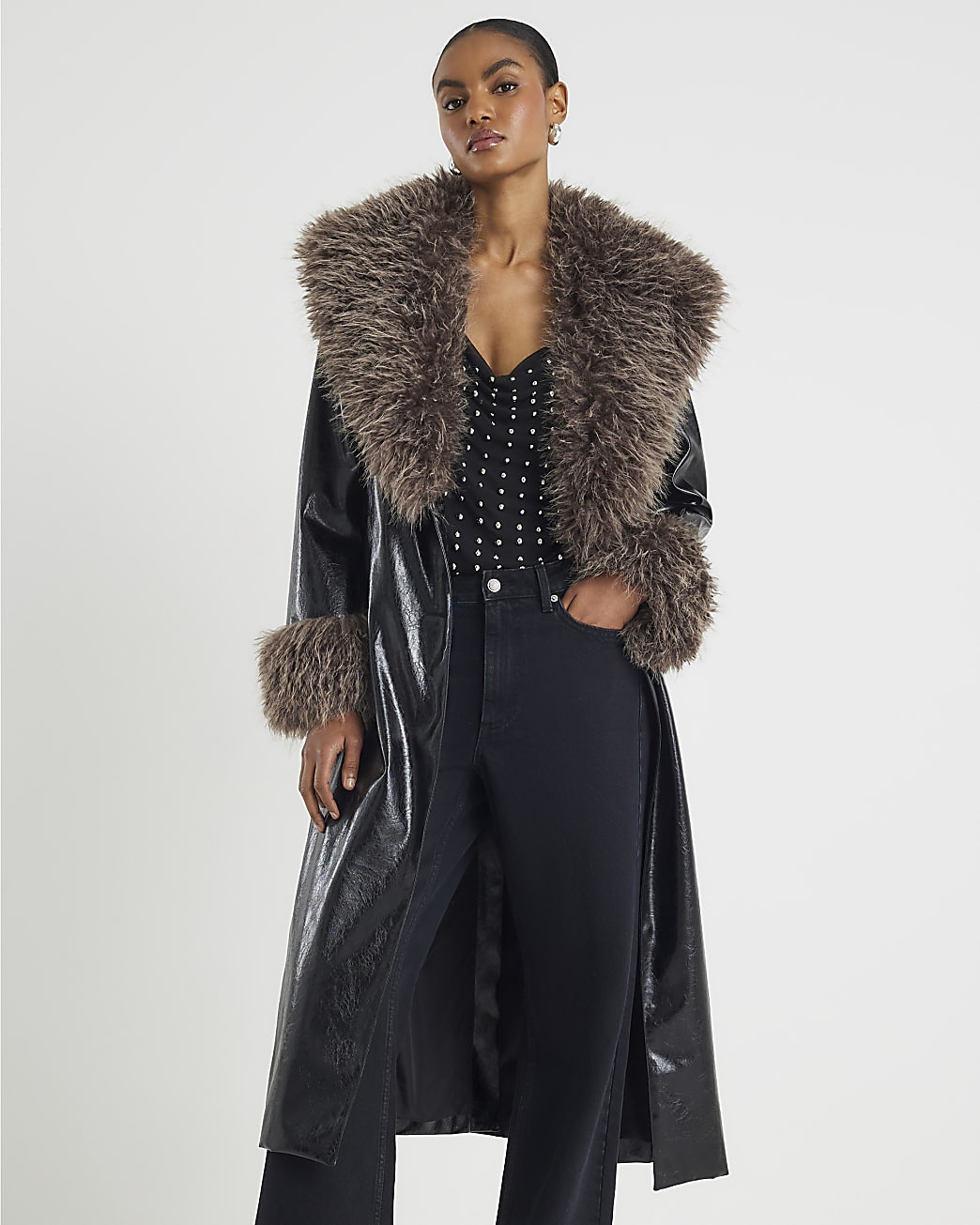 Black Faux Fur Collar Trench Coat | River Island UK & IE
