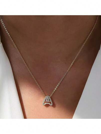 A-Z Pave Zirconia Hollow Initial Pendant Necklace Women Stainless Steel Chain Necklace For Women | SHEIN
