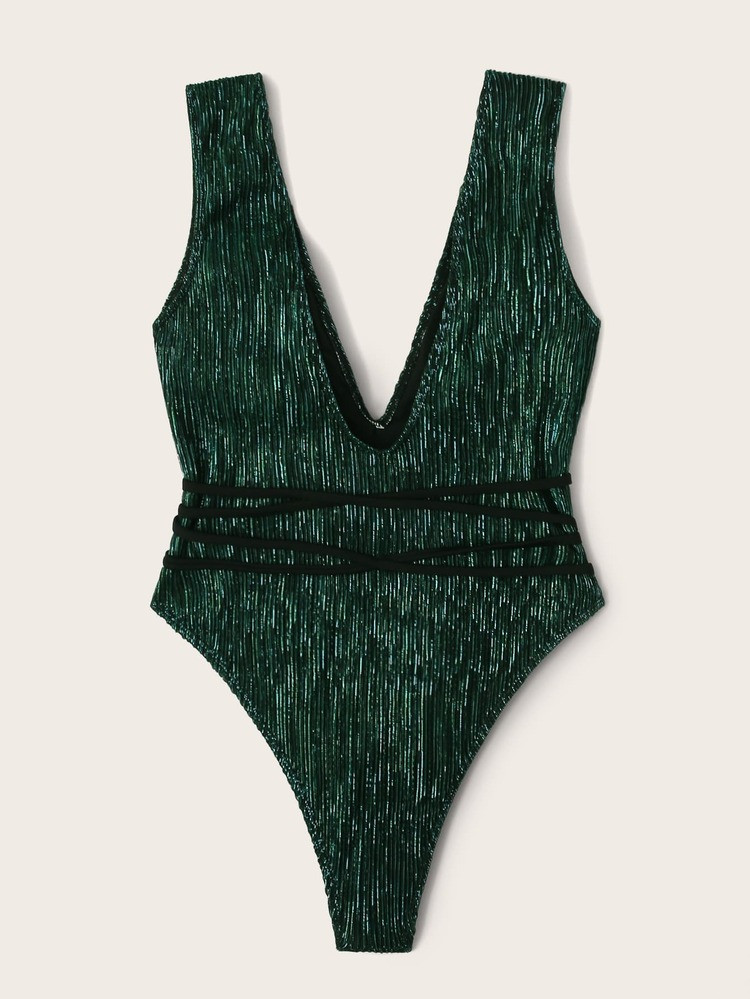 Glitter Ring Belted One Piece Swimsuit | SHEIN